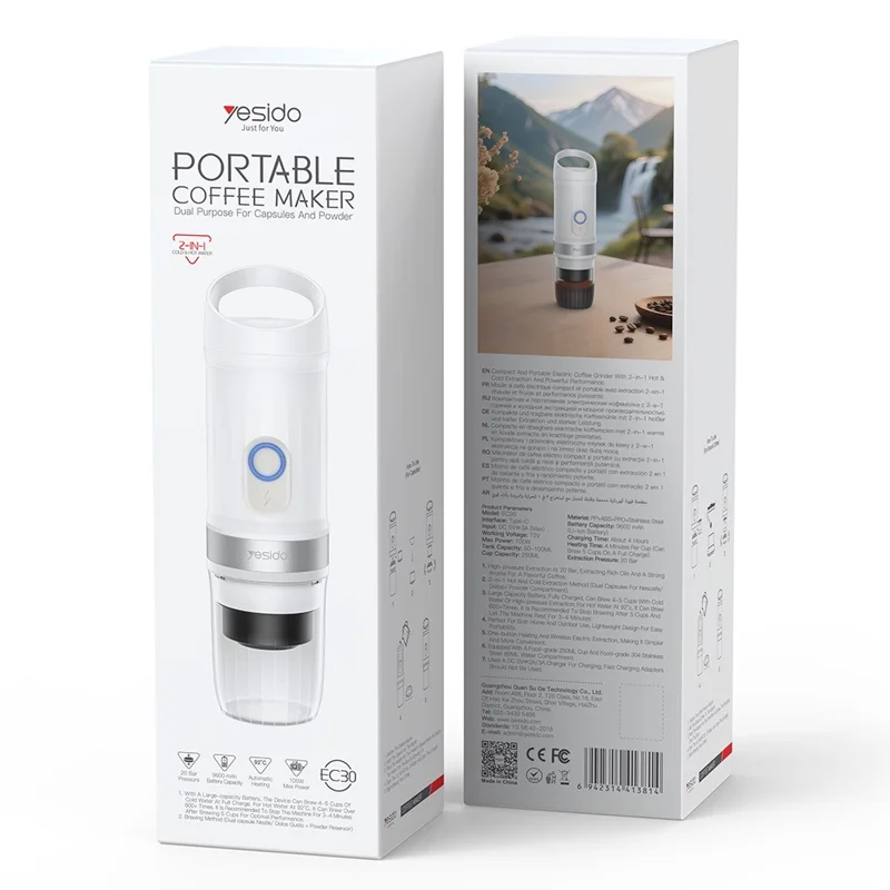 YESIDO EC30 Portable Espresso Coffee Machine 20Bar 9600mAh Wireless Heating Capsule Coffee Maker for Travel Camping - White