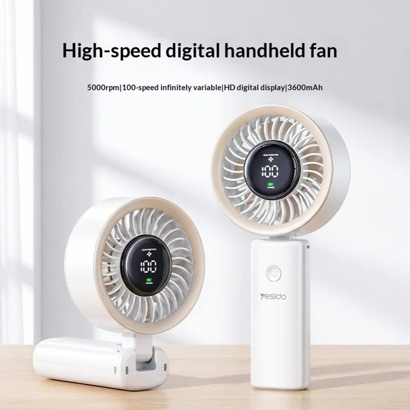 YESIDO YF20 Ventaglio Portatile Pieghevole con Display LED 3600mAh Ricaricabile con Controllo Velocità 100 Velocità Ventaglio di Raffreddamento Portatile - Bianco