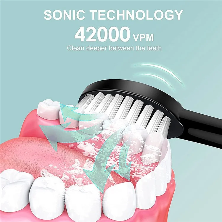 H02030 Brosse à dents électrique rechargeable Sonic Electronic Toothbrush avec 8 têtes de brosse 2 minutes 6 modes Minuterie intelligente, 42000 VPM - Noir