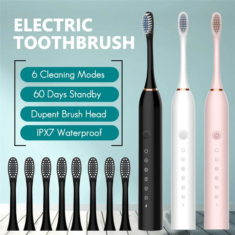H02030 Brosse à dents électrique rechargeable Sonic Electronic Toothbrush avec 8 têtes de brosse 2 minutes 6 modes Minuterie intelligente, 42000 VPM - Noir