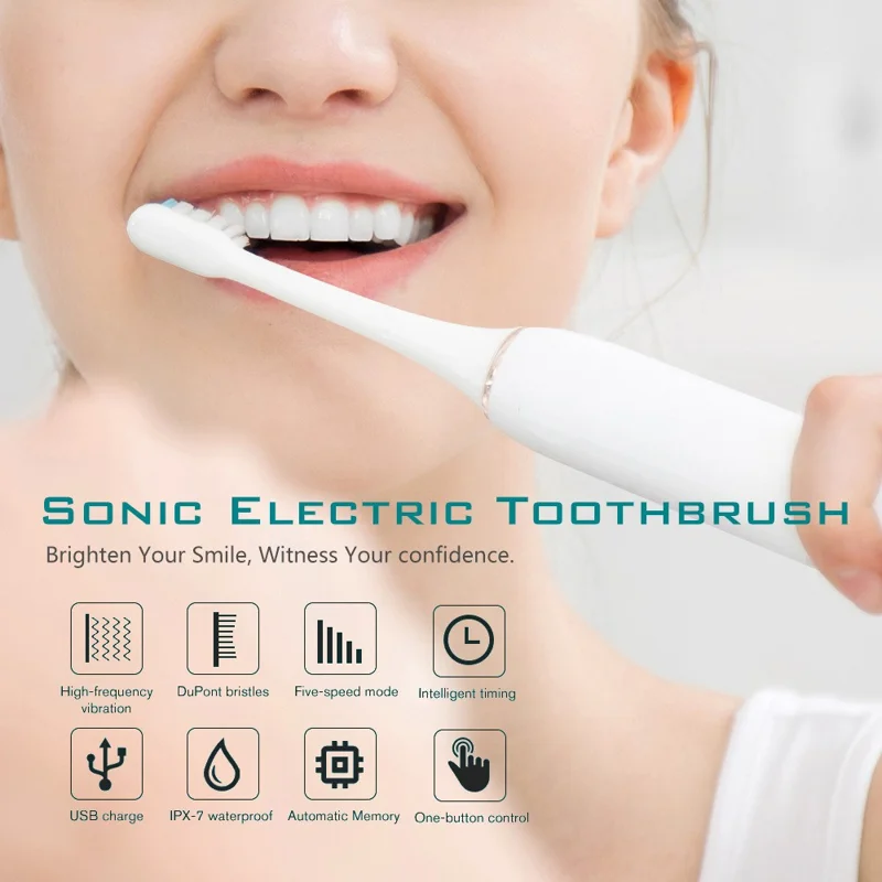 H02030 Electric Toothbrush Rechargeable Sonic Electronic Toothbrush with 8 Brush Heads 2 Mins 6 Modes Smart Timer, 42000VPM - White