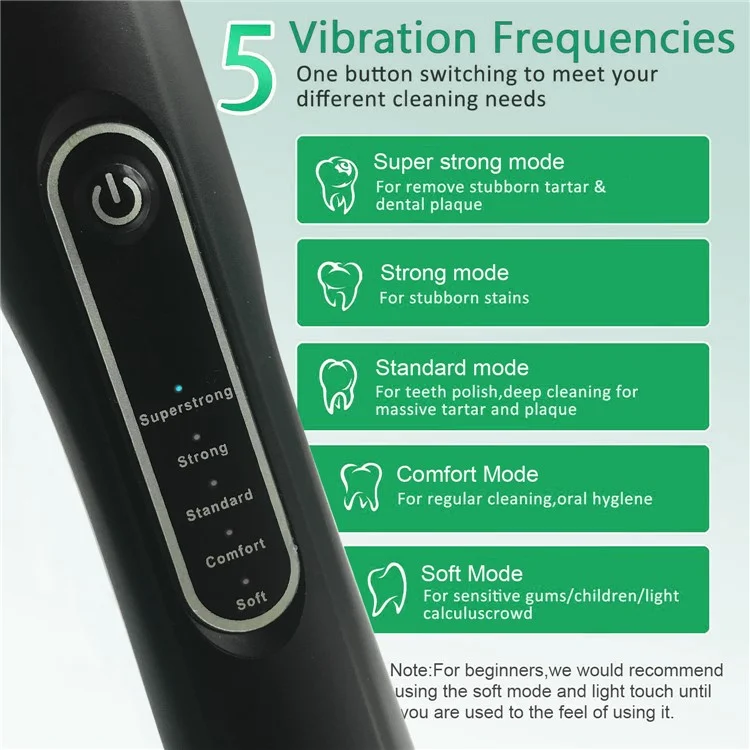 Détartreuse à ultrasons H02077 Plaque Remover - Nettoie les dents 5 modes Rechargeable Outil de Détachage des Taches sur les Dents - Noir