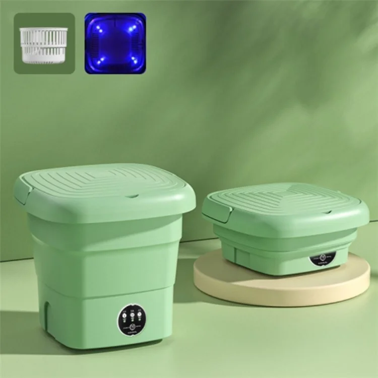 Lavadora plegable mini de 4.5L de TPE+PP, luz azul antibacteriana, temporizador, lavado de ropa interior, enchufe de la UE - Verde