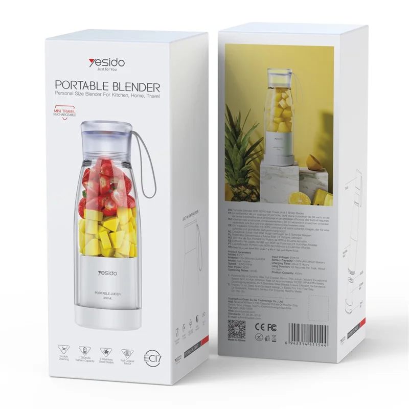 YESIDO EC17 450ml Tragbarer Mixer 18500 U/min 80W Wiederaufladbarer 304 Edelstahl-Standmixer (BPA-frei, Keine FDA-Zulassung)