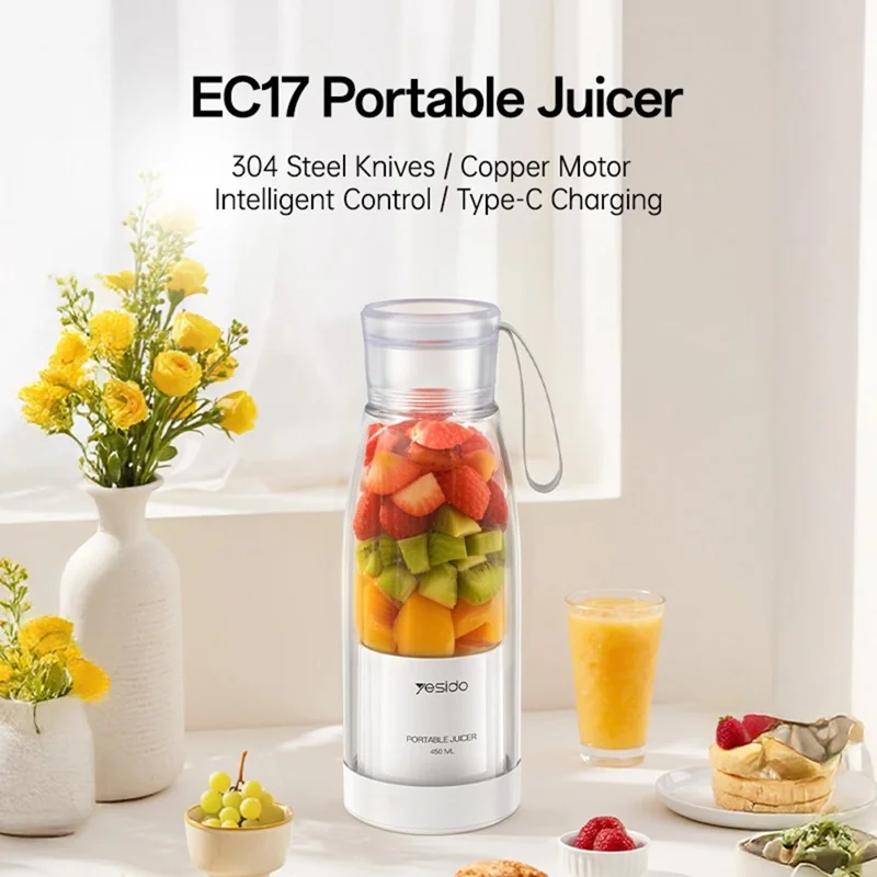 YESIDO EC17 450ml Tragbarer Mixer 18500 U/min 80W Wiederaufladbarer 304 Edelstahl-Standmixer (BPA-frei, Keine FDA-Zulassung)