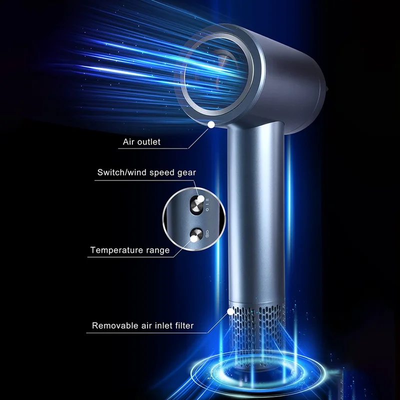 Sèche-cheveux sans fil YBF-5Y avec affichage LCD, vent froid et chaud réglable, moteur sans balais, sèche-cheveux ionique, prise EU - Couleur de tête