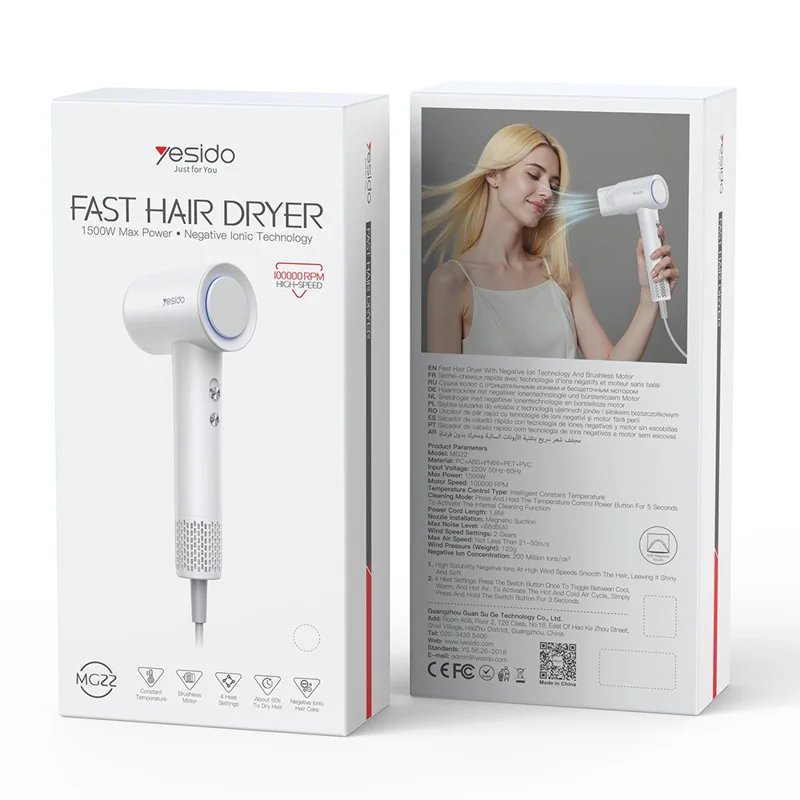YESIDO MG22 High Speed Hair Dryer 100000RPM Brushless Motor Ionic Technology Blow Dryer - White  /  EU Plug