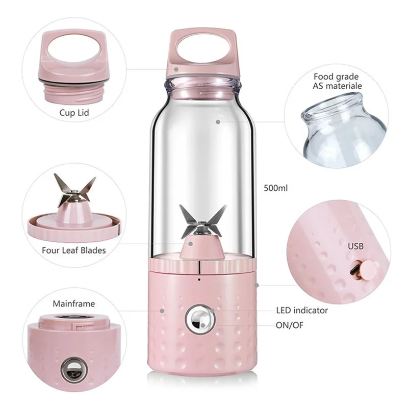 500ml Portable Blender USB Rechargeable Electric Juicer Cup for Smoothie (BPA Free, No FDA) - Pink