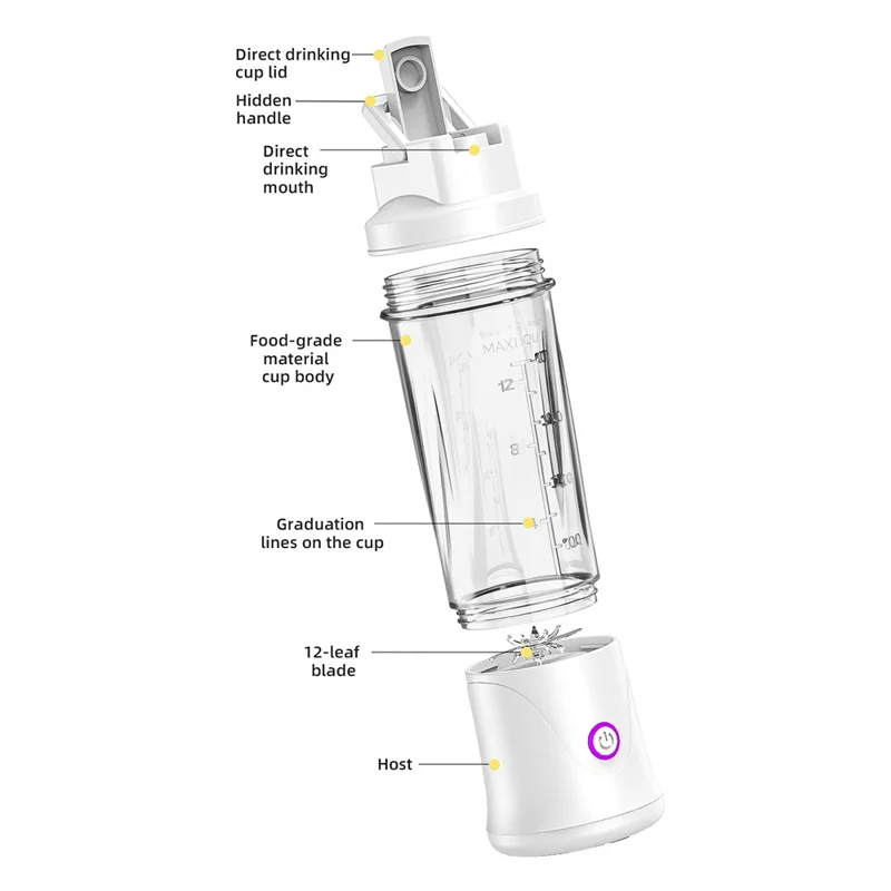 Copo Liquidificador BDL-010pro 7,4 V Recarregável 450 ml com 22 Lâminas 2 em 1 Copo de Água Portátil para Fitness (Sem BPA, Sem FDA) - Branco
