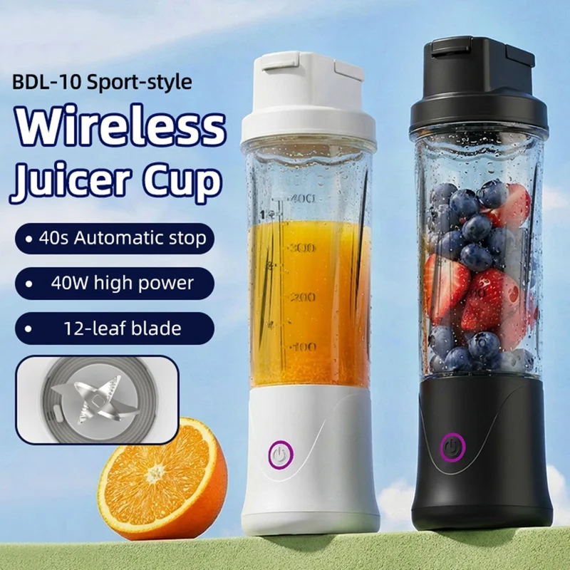 Copo Liquidificador BDL-010pro 7,4 V Recarregável 450 ml com 22 Lâminas 2 em 1 Copo de Água Portátil para Fitness (Sem BPA, Sem FDA) - Branco