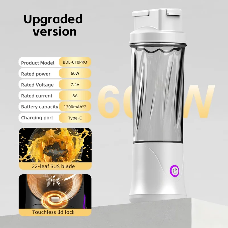 Copo Liquidificador BDL-010pro 7,4 V Recarregável 450 ml com 22 Lâminas 2 em 1 Copo de Água Portátil para Fitness (Sem BPA, Sem FDA) - Branco