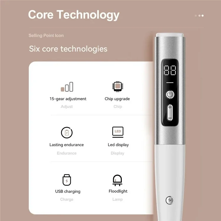 Stylo de Retrait Électrique Portable de Nevus avec Affichage LED à 15 Modes d'Intensité - Argent