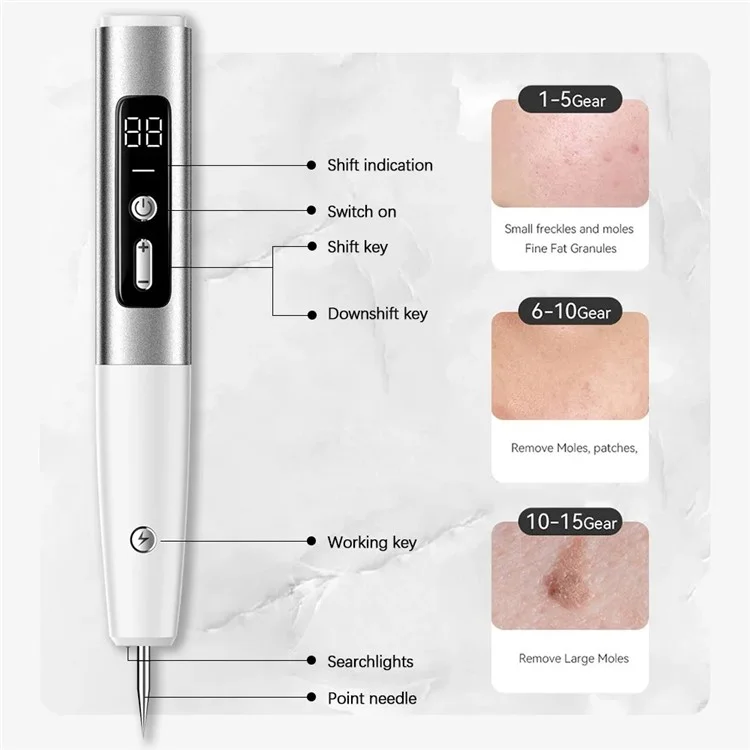 Stylo de Retrait Électrique Portable de Nevus avec Affichage LED à 15 Modes d'Intensité - Argent