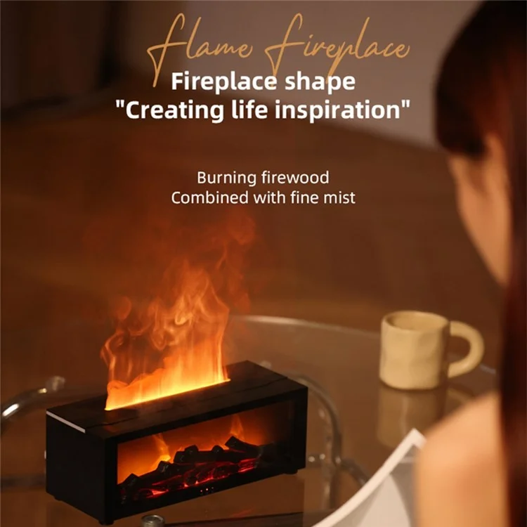 Humidificador de Difusor de Aromaterapia con Efecto de Llama de Chimenea Simulada y Luz de Escritorio Colorida - Negro