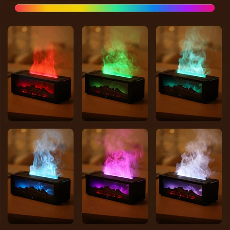 Humidificador de Difusor de Aromaterapia con Efecto de Llama de Chimenea Simulada y Luz de Escritorio Colorida - Negro