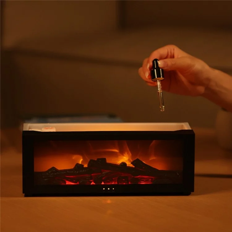 Humidificador de Difusor de Aromaterapia con Efecto de Llama de Chimenea Simulada y Luz de Escritorio Colorida - Negro