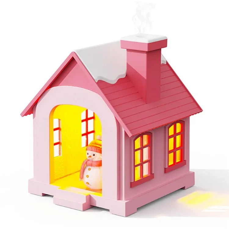 Umidificatore a forma di casetta di neve adorabile da 500 ml con nebulizzatore e luce calda per scrivania e casa - Rosa
