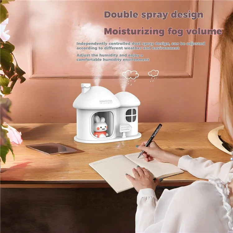 Humidificateur USB Rabbit House avec diffuseur à double brume et éclairage ambiant - Blanc