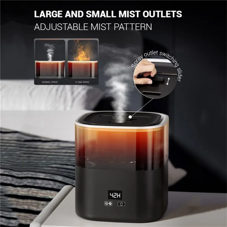 Humidificateur à vapeur froide avec affichage numérique et simulation de flamme, grande capacité, diffuseur de brume pour la maison, prise UE - Noir