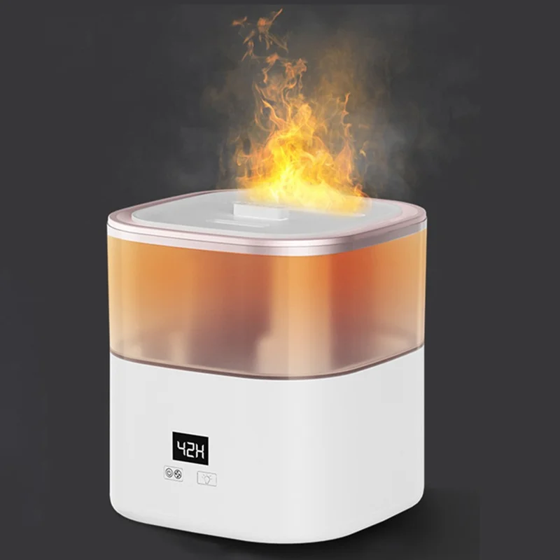 Digital Display Simulation Flame Humidifier Large Capacity Home Mist Diffuser, EU Plug - Rose Gold