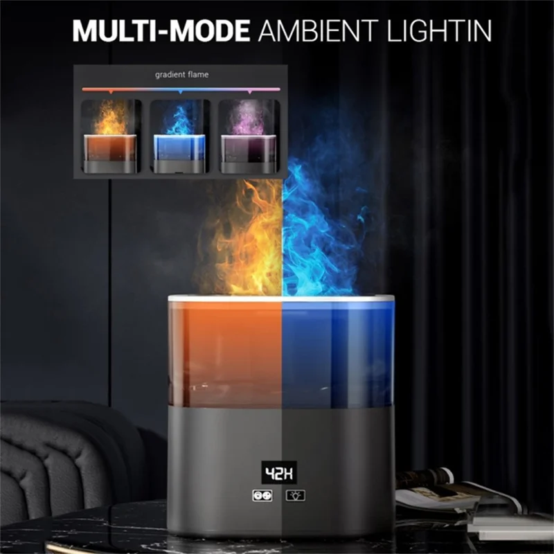 Digital Display Simulation Flame Humidifier Large Capacity Home Mist Diffuser, EU Plug - Rose Gold