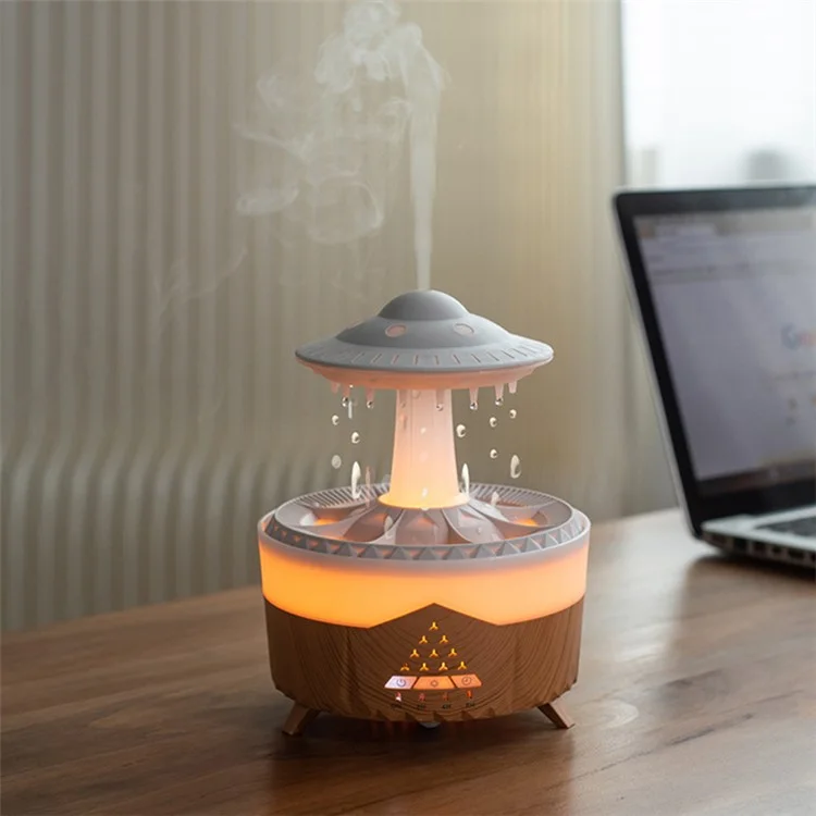 Humidificateur Diffuseur d'Arômes Créatif en Forme de Goutte de Pluie avec LED 7 Couleurs, Grand Brouillard Ultrasonique, Prise EU - Couleur Bois Clair