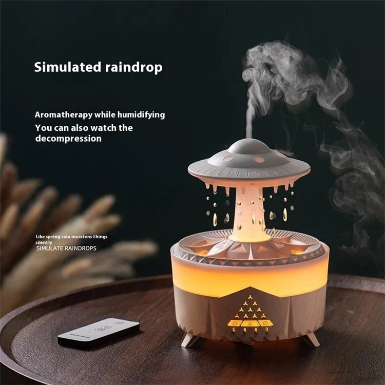 Humidificateur Diffuseur d'Arômes Créatif en Forme de Goutte de Pluie avec LED 7 Couleurs, Grand Brouillard Ultrasonique, Prise EU - Couleur Bois Clair