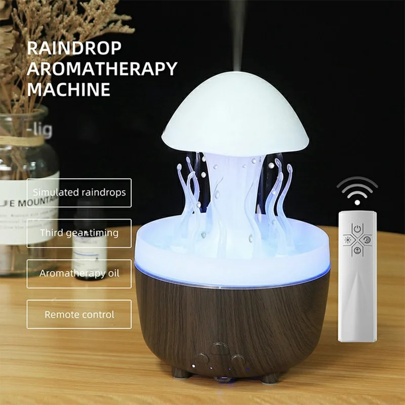 Rotating Jellyfish Essential Oil Diffuser Humidifier 7 Color Night Light Desktop Air Humidifier with Remote Control - EU Plug - Dark Wood Grain