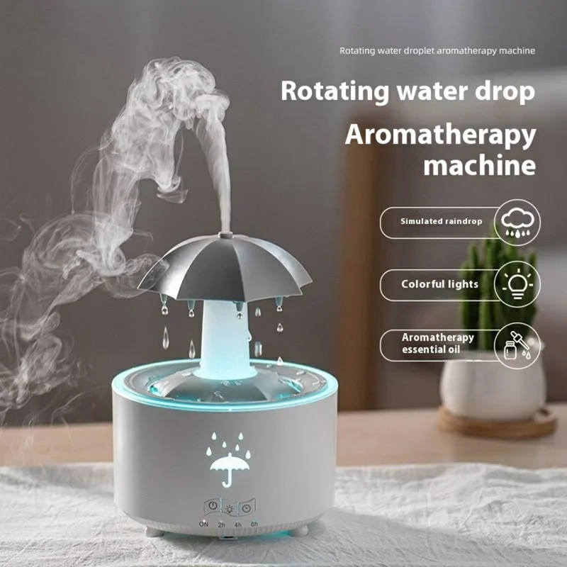 Rotating Raindrop Aroma Diffuser Large Mist Essential Oil Humidifier 7 Color LED For Home Office - EU Plug - Black