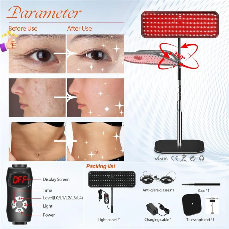 660nm 850nm LED Red Light Therapy Panel with Stand Near Infrared Therapy Lamp for Pain Relief  /  Skin Care - US Plug