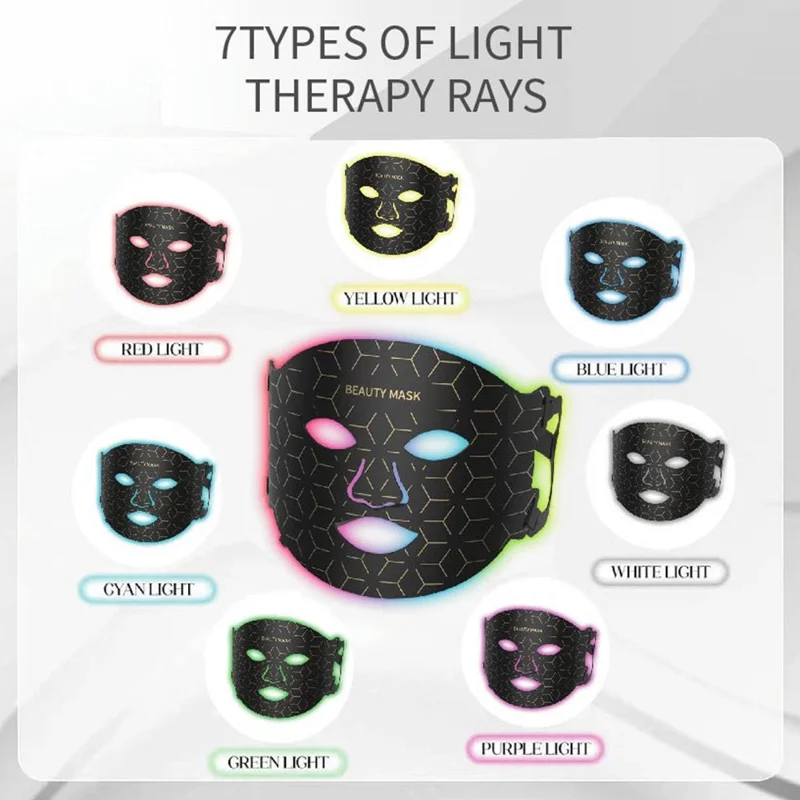 7-Color Photon Spectrum LED Face Mask for Skin Rejuvenation Light Therapy Beauty Device Gift - Black