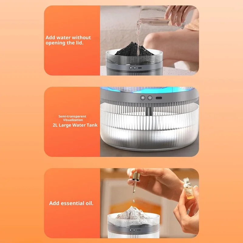 Duży nawilżacz w kształcie wulkanu o pojemności 1,5 L, dyfuzor aromatyczny z dwukolorową podświetlaną mgiełką, do domu i biura – czarny