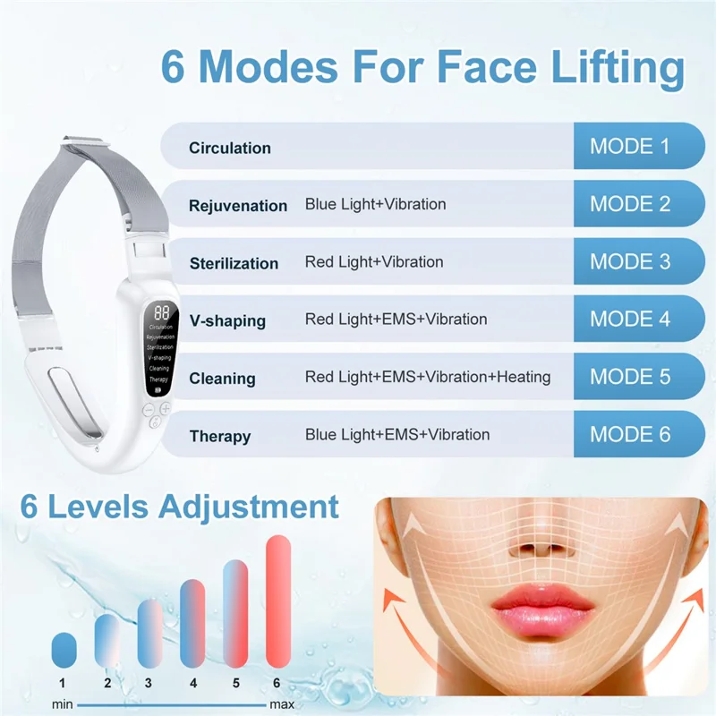 Microcurrent V-Face Slimming Instrument 6 Modes Red Blue Light Therapy Skin Rejuvenation Device