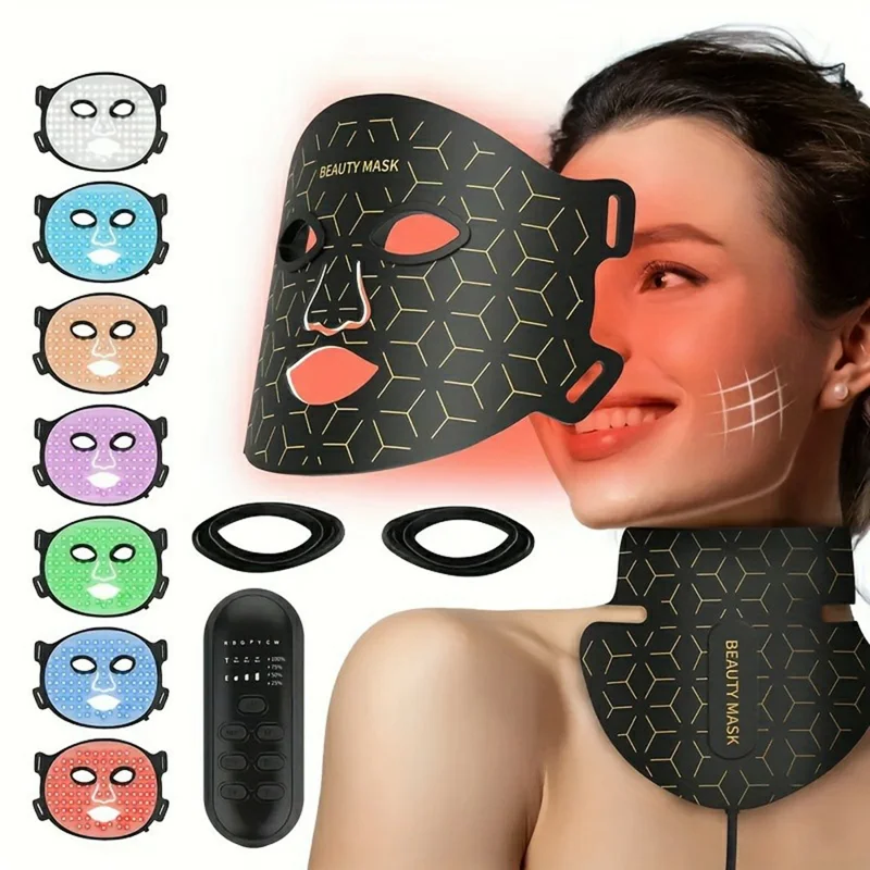 LED Light Therapy Mask 7 Color Silicone Face  /  Neck Beauty Device Skin Rejuvenation For Home Use - Black