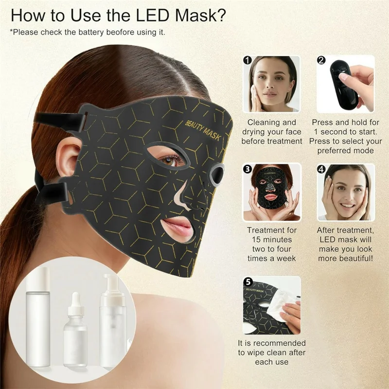 LED Light Therapy Mask 7 Color Silicone Face  /  Neck Beauty Device Skin Rejuvenation For Home Use - Black