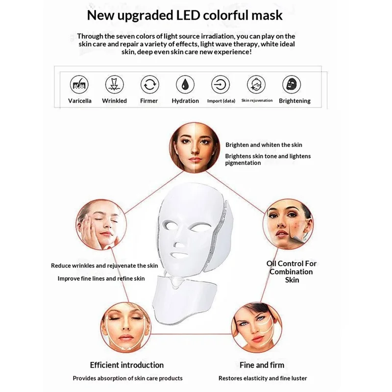 7 Color LED Light Therapy Face Neck Mask Photon Skin Rejuvenation Anti-Aging Beauty Device - EU Plug