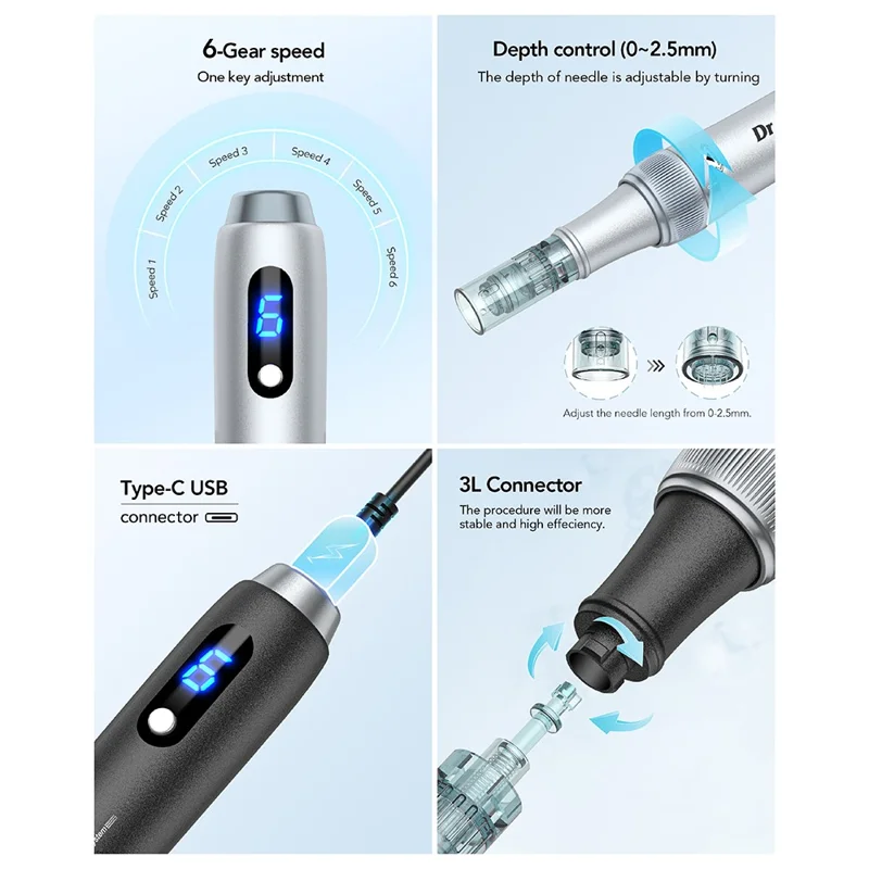 DR.PEN M7S Electric Microneedling Pen 6 Speed Levels 0-2.5mm Depth Adjustment LED Display Skin Care Tool Kit - Black  /  EU Plug