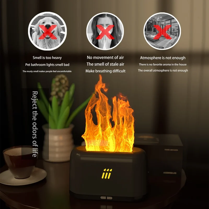 FLAME-001 Simulation Flame Aroma Air Humidifier Desktop Mist Humidifier Aromatherapy Diffuser Yellow Flame - Yellow