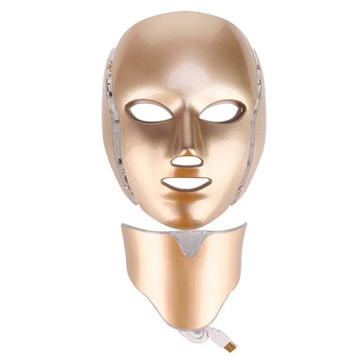 Máscara Facial LED de 7 Cores para Cuidados com a Pele do Rosto e do Pescoço - Uso Doméstico e de Viagem - Dourada / Plug EU