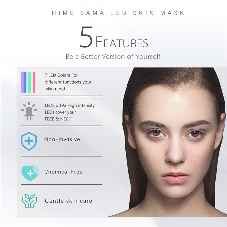 Máscara Facial LED de 7 Cores para Cuidados com a Pele do Rosto e do Pescoço - Uso Doméstico e de Viagem - Dourada / Plug EU