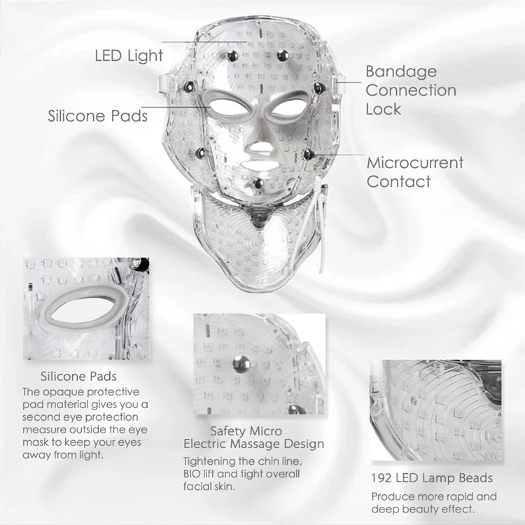 Máscara Facial LED de 7 Cores para Cuidados com a Pele do Rosto e do Pescoço - Uso Doméstico e de Viagem - Dourada / Plug EU