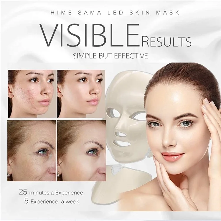 Máscara Facial LED de 7 Cores para Cuidados com a Pele do Rosto e do Pescoço - Uso Doméstico e de Viagem - Dourada / Plug EU