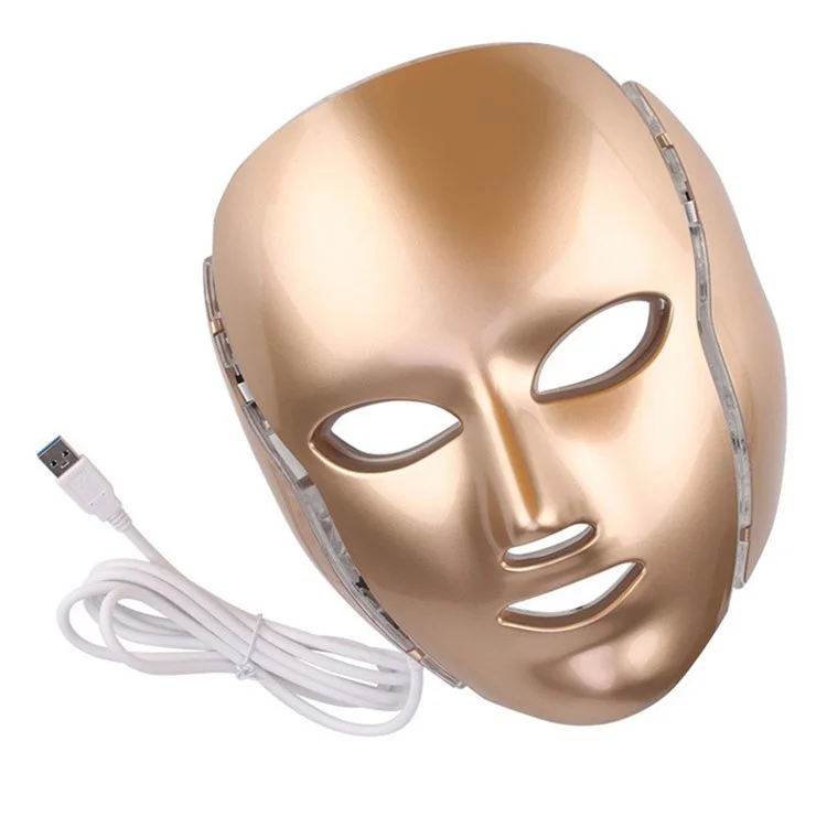 Máscara Facial LED de 7 Cores para Cuidados com a Pele do Rosto e do Pescoço - Uso Doméstico e de Viagem - Dourada / Plug EU