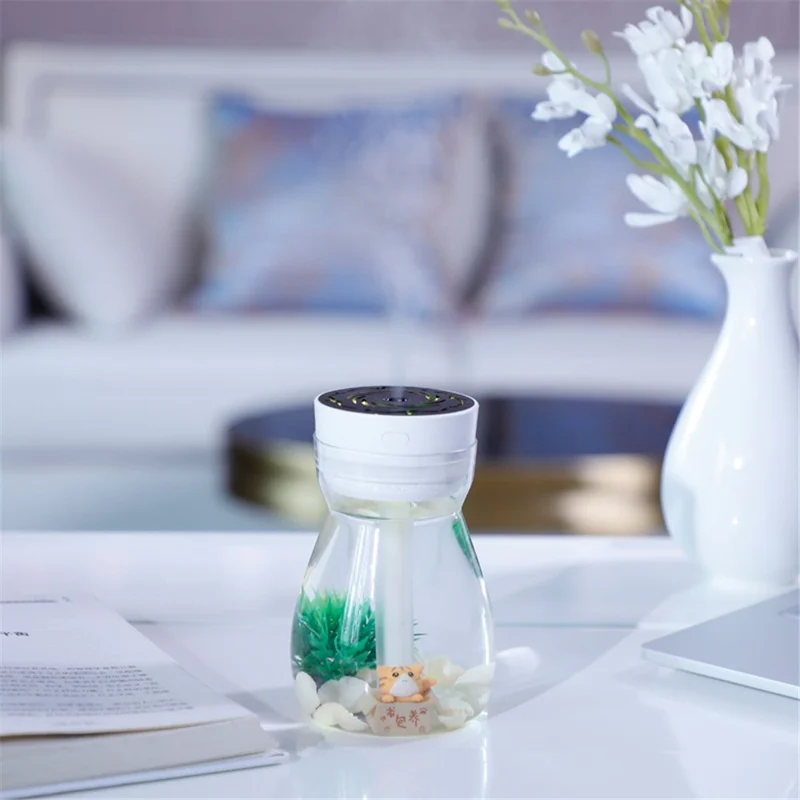 380ml Transparent Decorated Humidifier Portable Air Purifier with Colorful Light for Car Office Atomizer Mini Mist Fog Diffuser (No CE) - White / US Plug