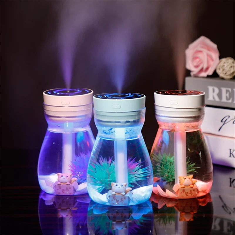 380ml Transparent Decorated Humidifier Portable Air Purifier with Colorful Light for Car Office Atomizer Mini Mist Fog Diffuser (No CE) - White / EU Plug