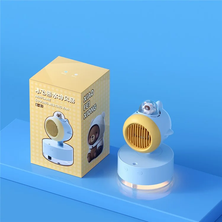 Ventilatore da scrivania E21 Summer Cooling con testa oscillante, serbatoio dell'acqua da 300 ml, umidificatore con spray e luce LED notturna - Blu