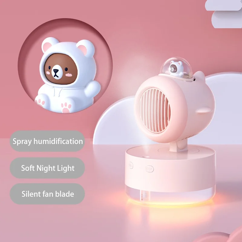 E21 Summer Cooling Desktop Fan Shaking Head 300ML Water Tank Mist Spray Humidifier with LED Night Light - Pink