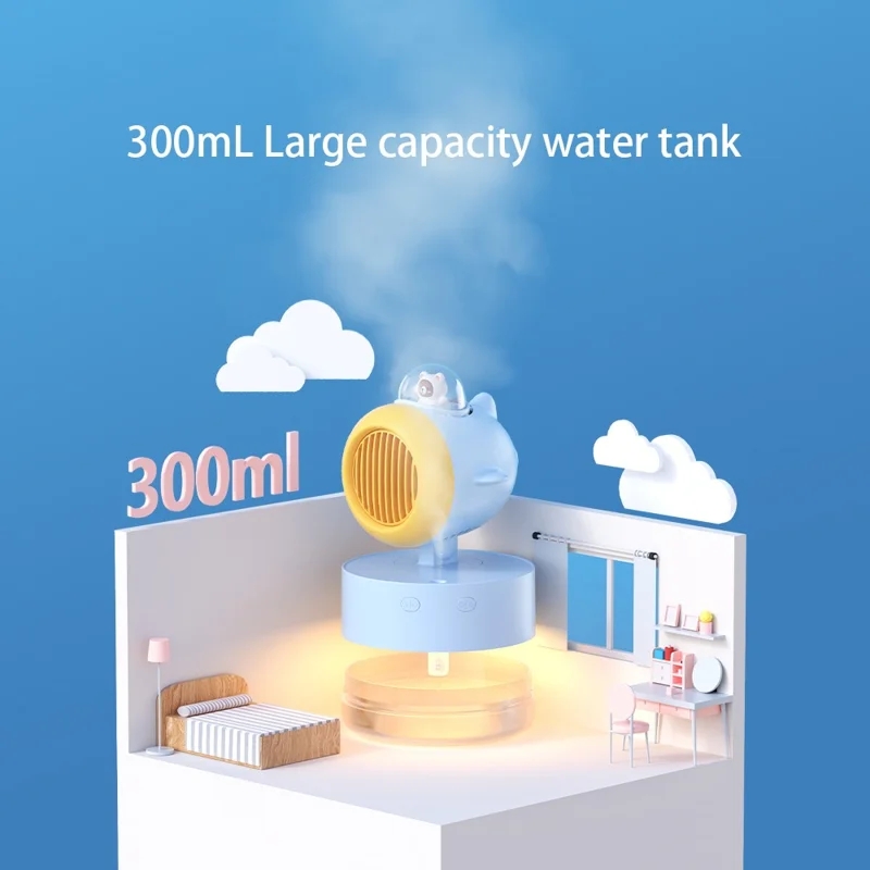 E21 Summer Cooling Desktop Fan Shaking Head 300ML Water Tank Mist Spray Humidifier with LED Night Light - Pink