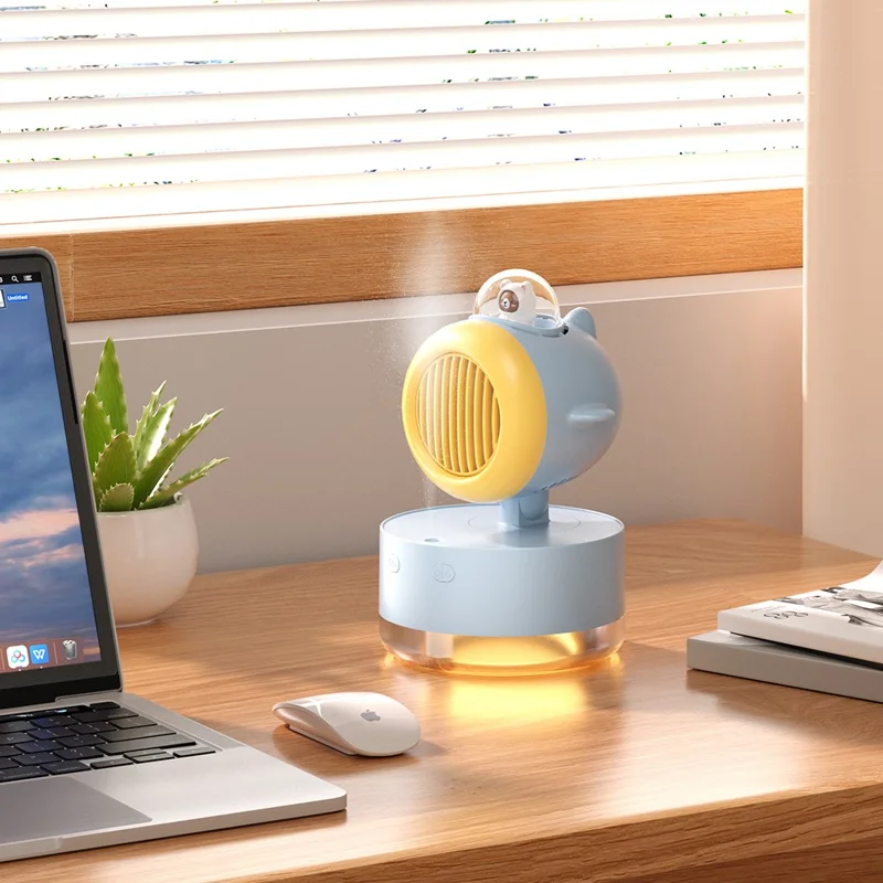 E21 Summer Cooling Desktop Fan Shaking Head 300ML Water Tank Mist Spray Humidifier with LED Night Light - Pink