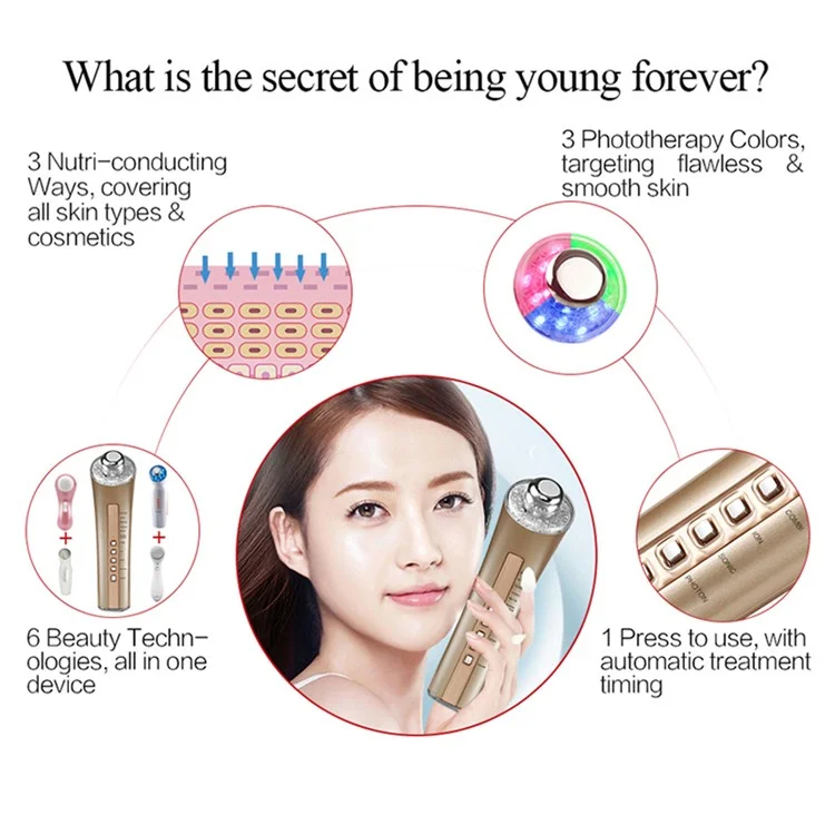CM-5-2D Radio Frequency Facial Machine Multifunctional Skin Tightening Rejuvenation Skin Care Device LED Light Therapy - Gold